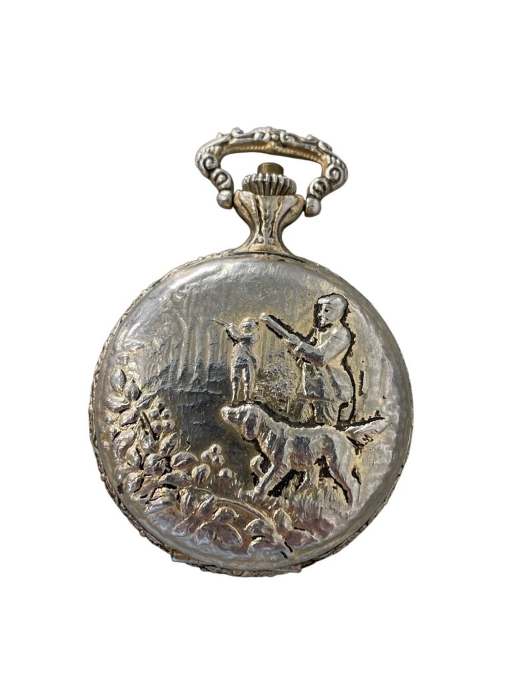 Churchil Pocket Watch Silver Antique Hunting Scene Engraving Roman Numerals